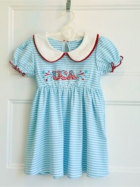 Light Blue Striped Kids Dress with White Peter Pan Collar and Red Trim